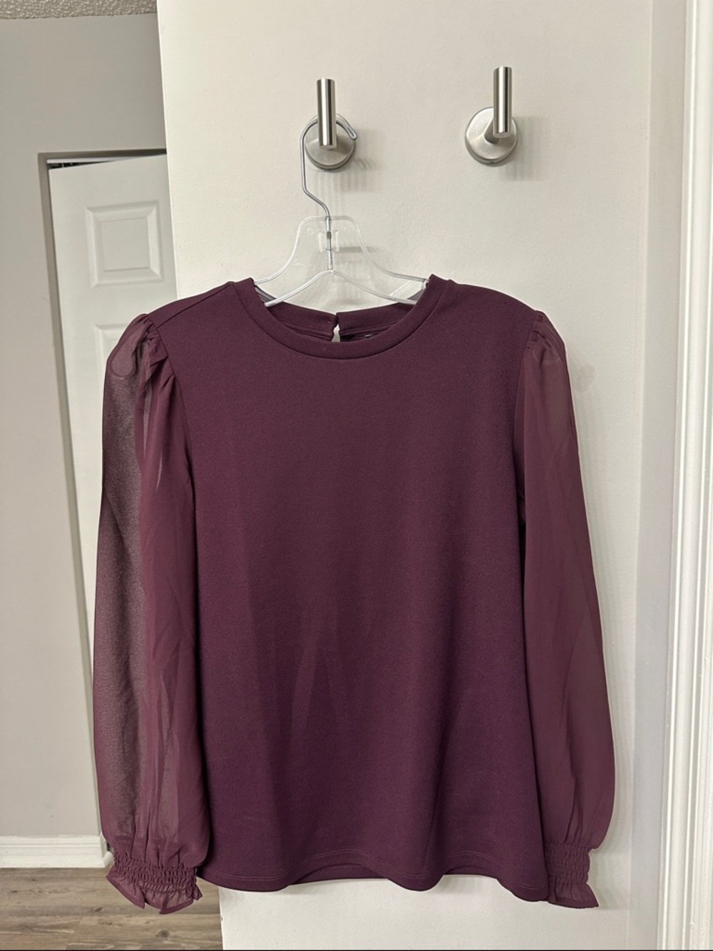 Ann Taylor Burgundy Long-Sleeve Sheer-Sleeve Top